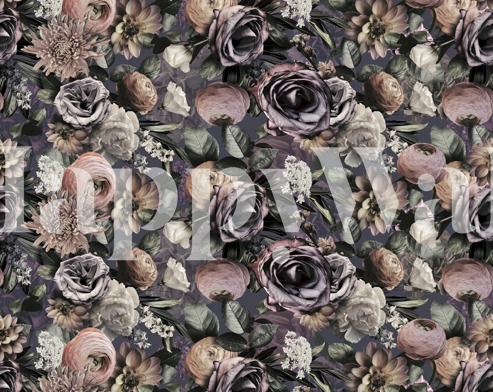 Moody Pink Flower Garden vægmaleri med mørkt blomsterdesign