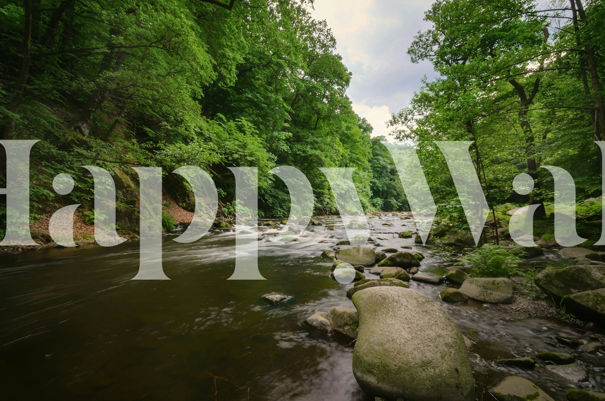 Riverside wallpaper design with greenery