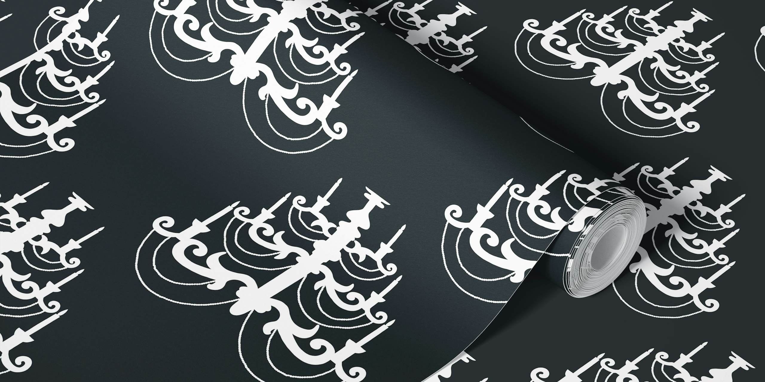 White chandelier pattern on black background wallpaper