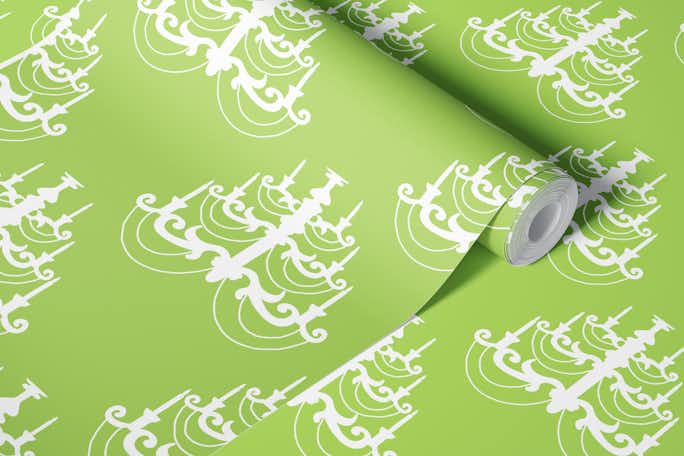 White chandelier on a green backgroundwallpaper roll