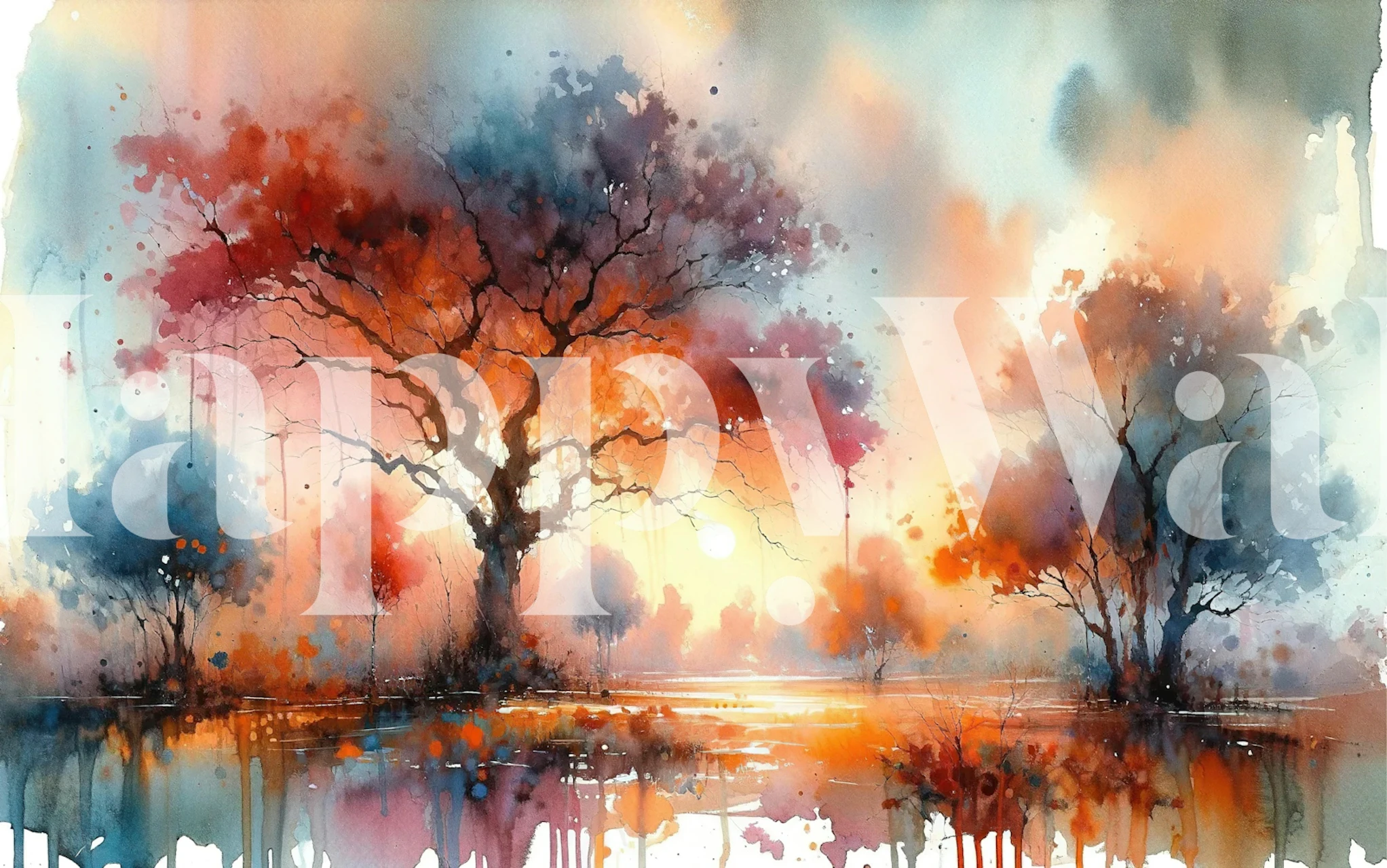 Colorful autumn tree landscape with vibrant hues, watercolor style wallpaper