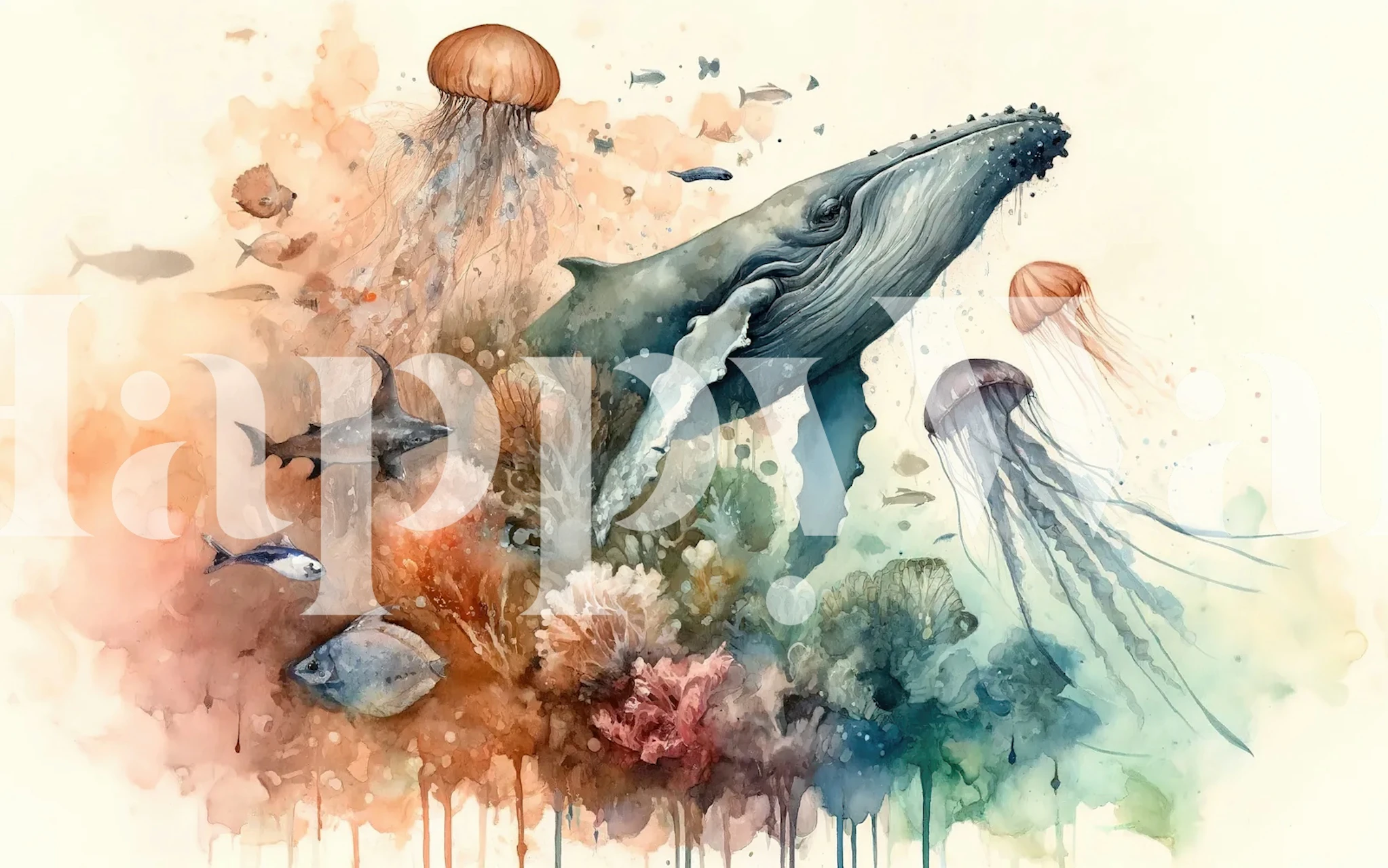 Whale, jellyfish, and coral underwater mural in soft colors wallpaper