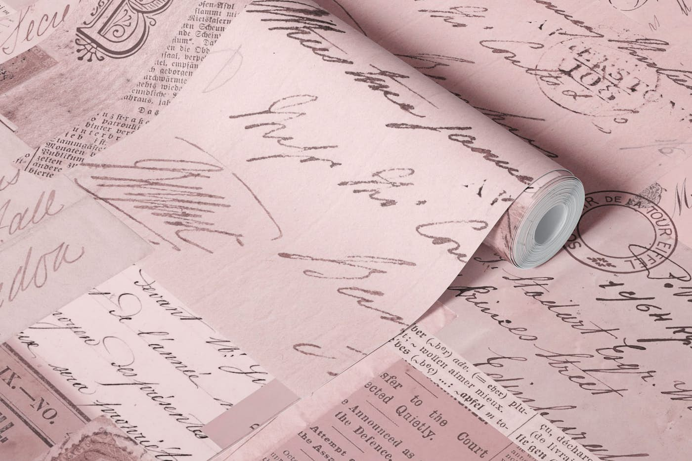 Old Letters And Postcards Pastel Pink wallpaper roll