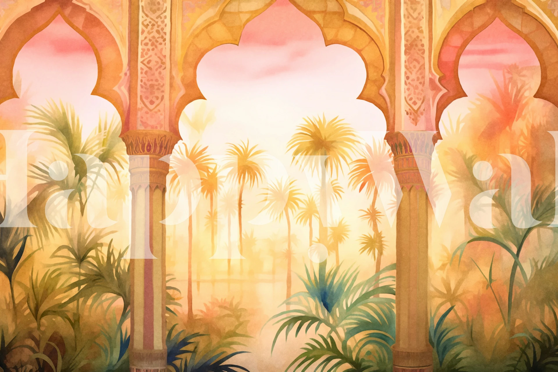 Tropical Jungle Palace Watercolor tapet i et rum