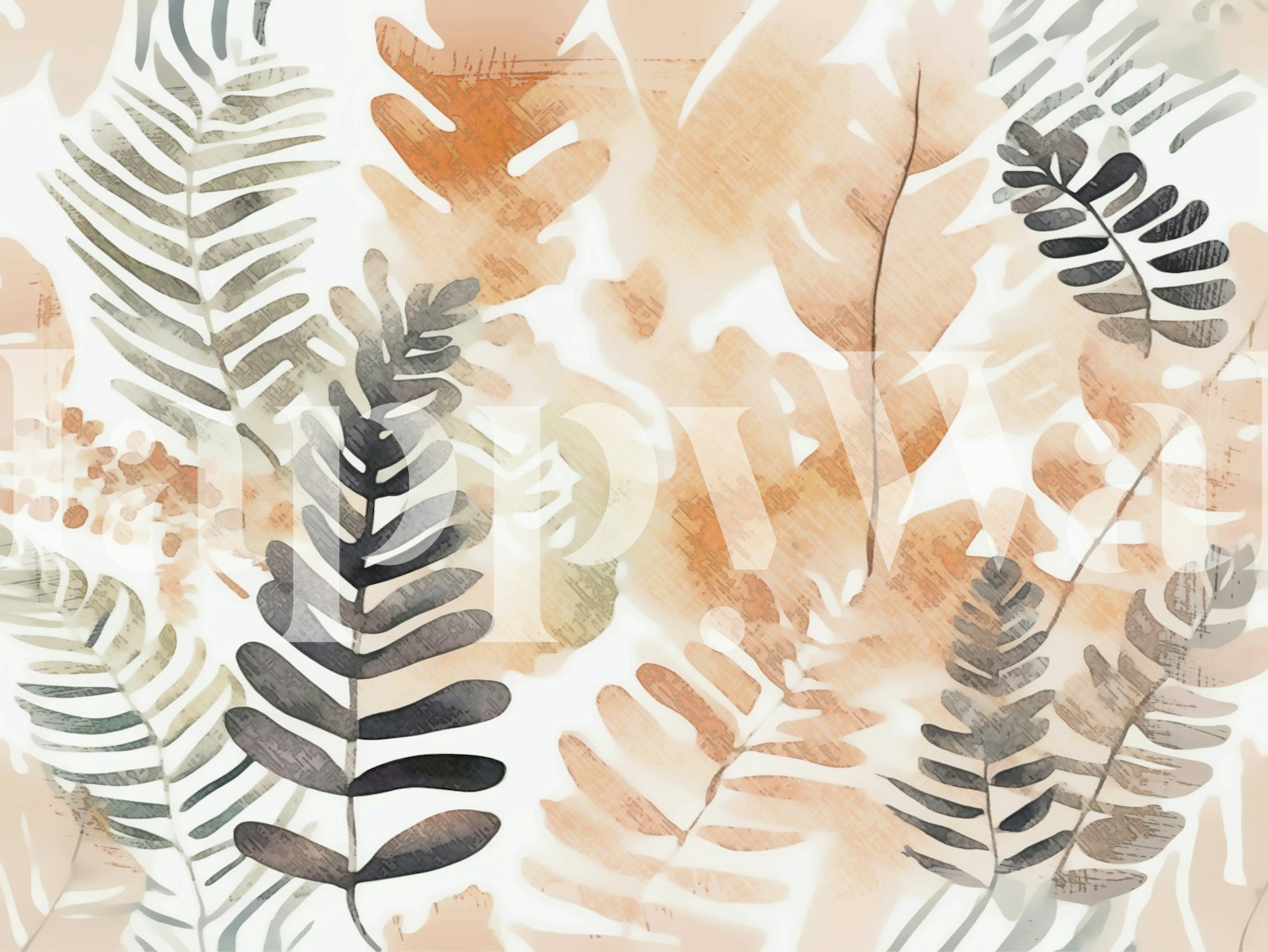 Tropical fern leaves in peach and gray colors on a white background wallpaper