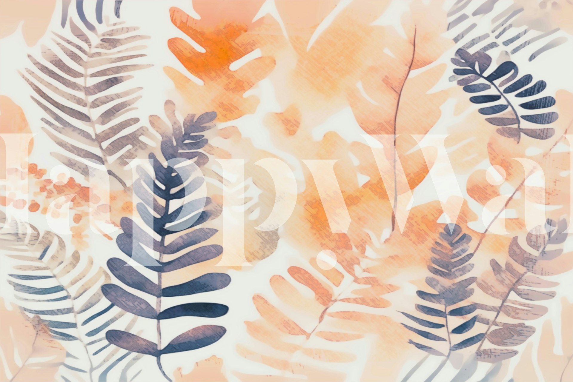 Tropical fern leaves in peach and gray colors on a white background wallpaper