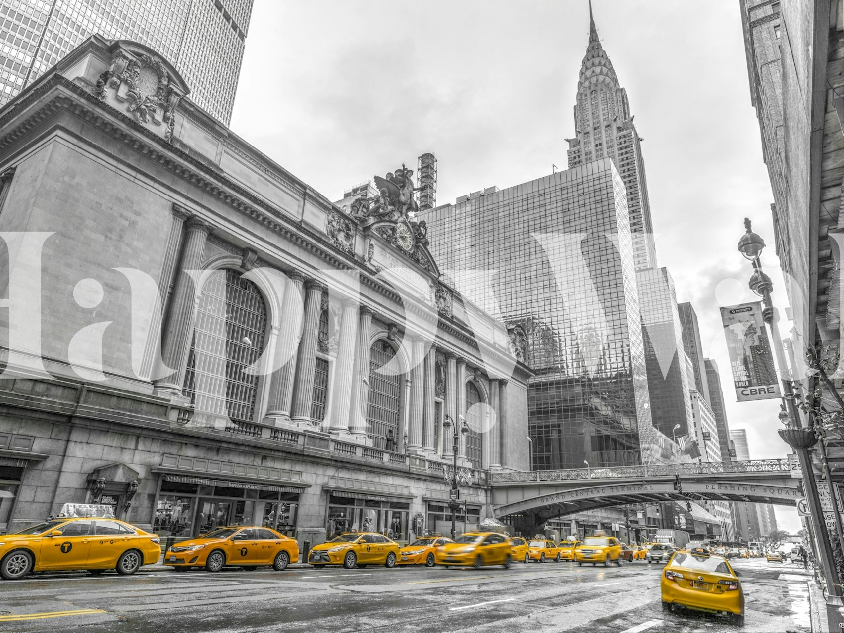 Black and white city scene with vibrant yellow cabs wallpaper