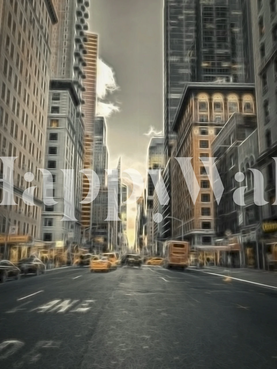 Black and white city street wallpaper featuring skyscrapers