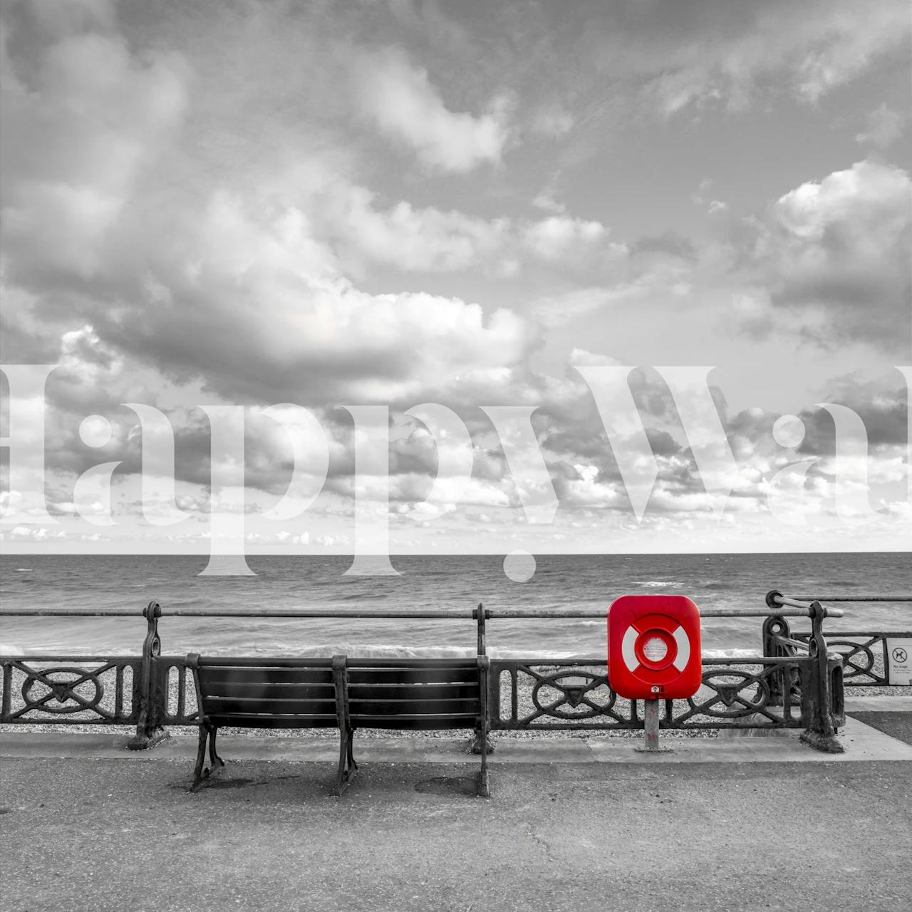 Ocean view with clouds and a red life ring, black and white wallpaper