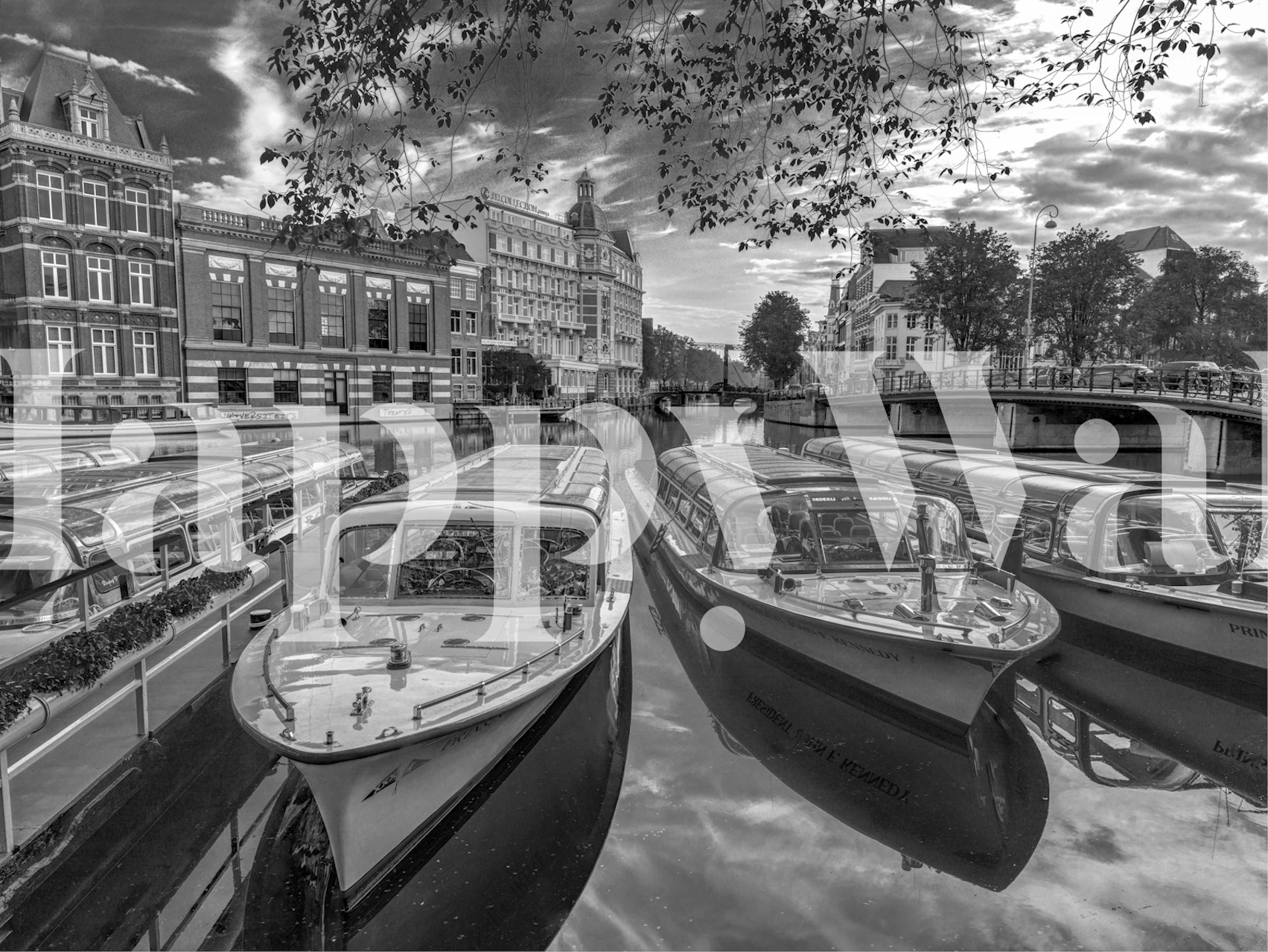 Papier peint noir et blanc de bateaux sereins