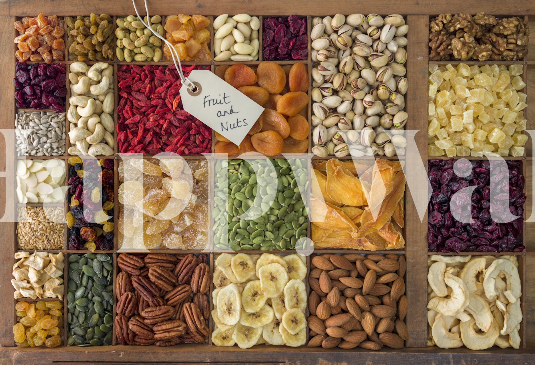 Colorful arrangement of dried fruits and nuts in squares wallpaper