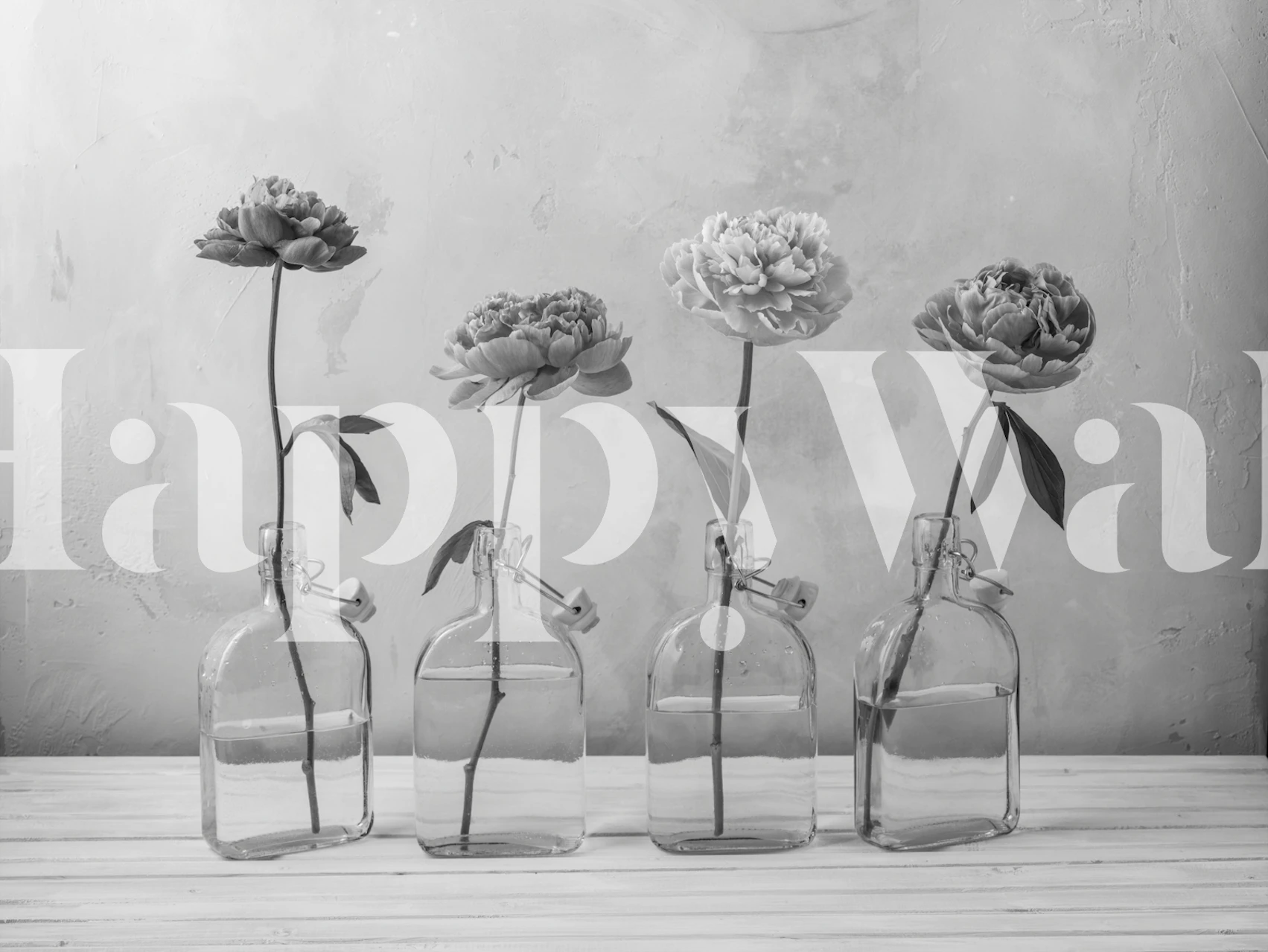 Wallpaper with flowers in glass bottles