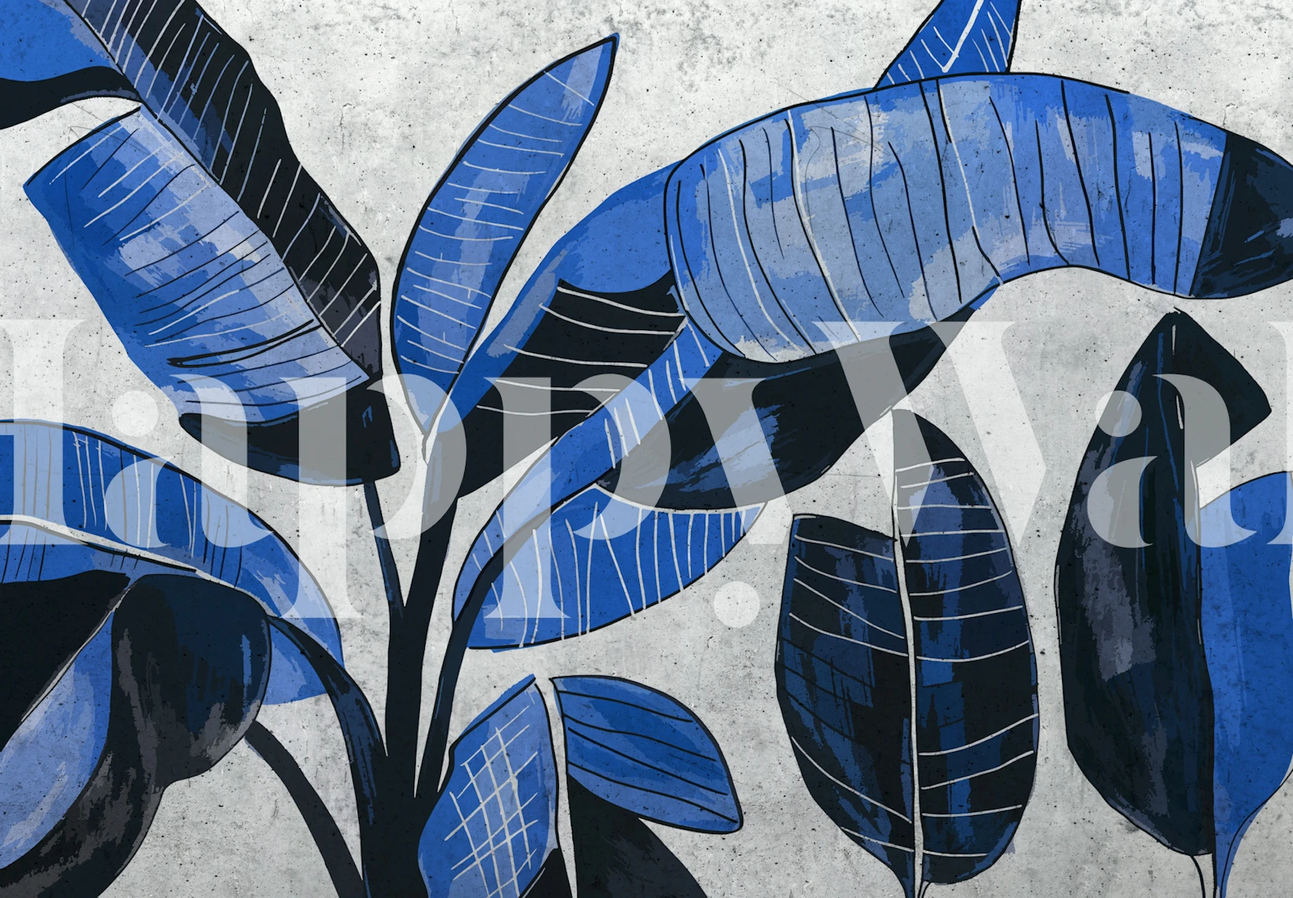 Tropical Ink Banana Leaf Art Blue wallpaper in room