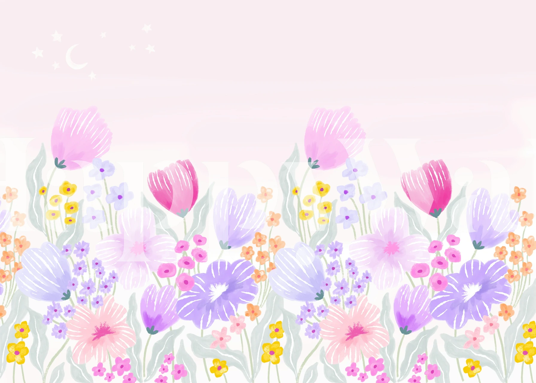 Colorful spring garden wall mural with tulips and wildflowers