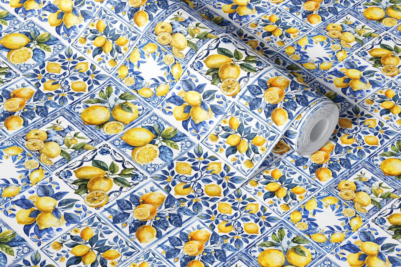 Summer Mediterranean Tiles with lemons wallpaper roll