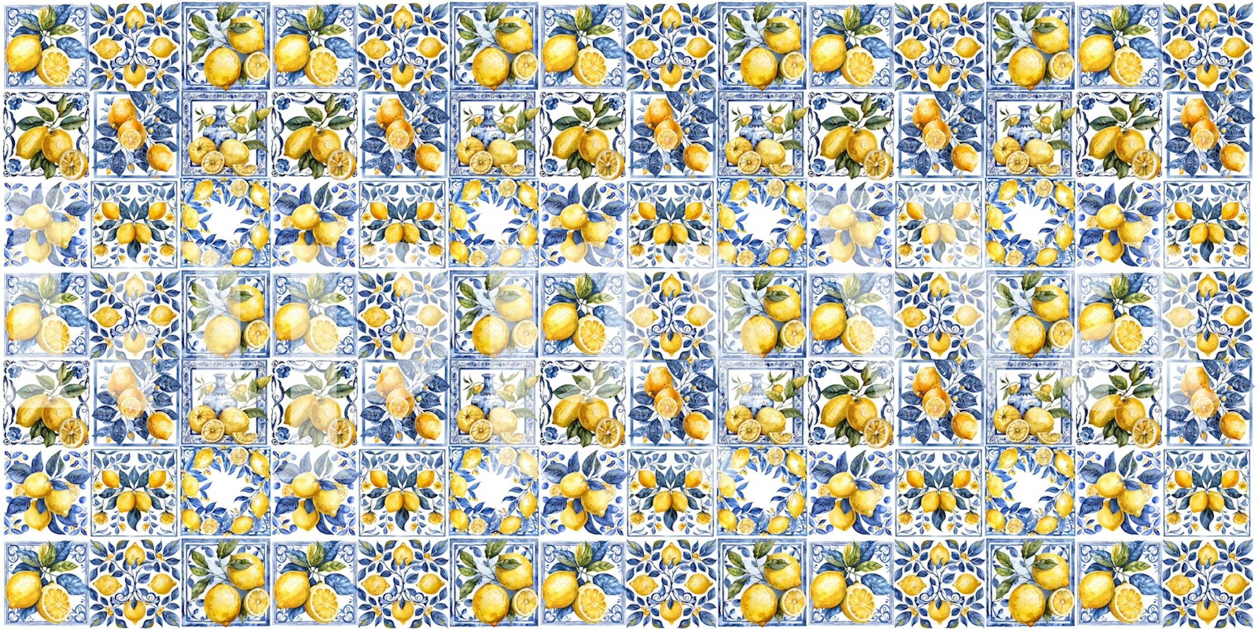 Tegelmuurschildering in mediterrane stijl met felgele citroenen en blauwe bloemmotieven