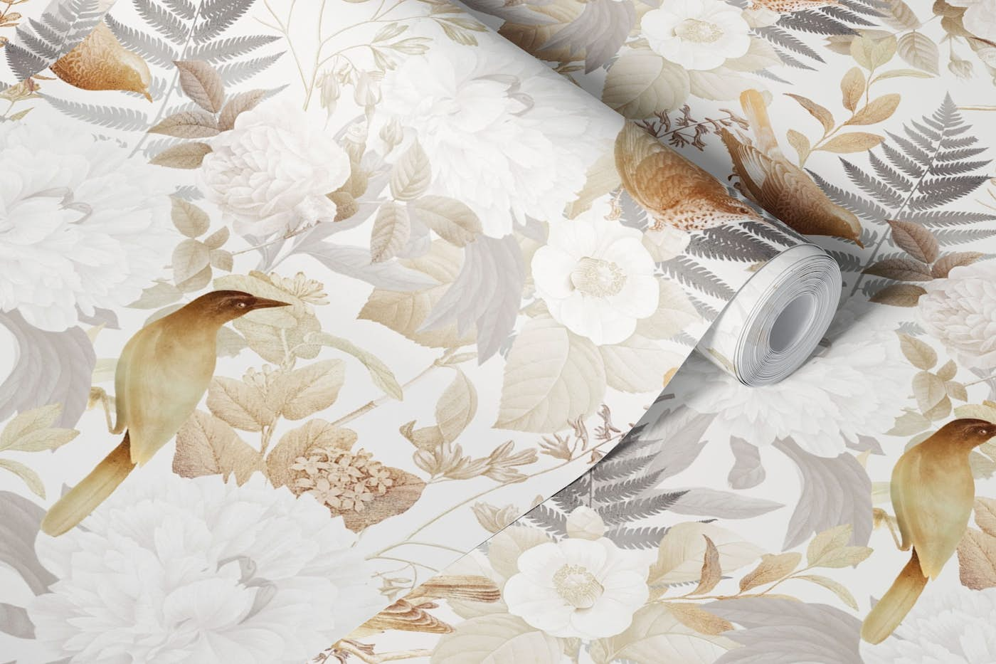 Victorian Opulent Gold Botanical Birds Garden wallpaper roll