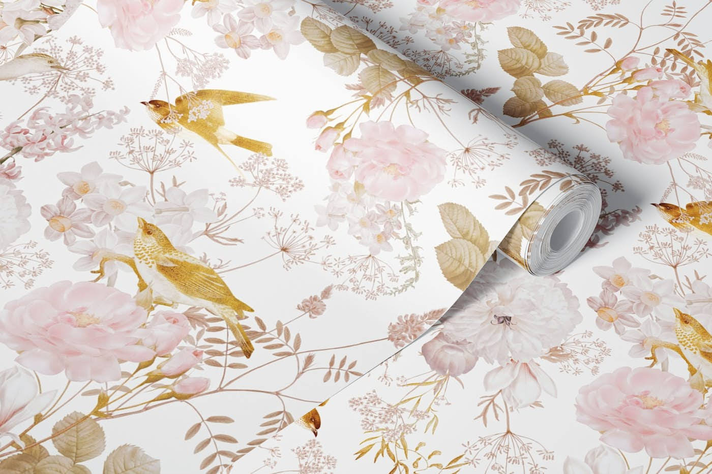 Victorian Opulent Gold Botanical Bird Garden wallpaper roll