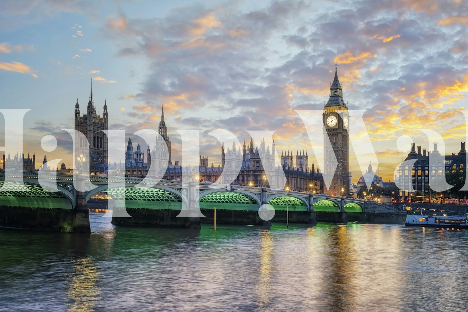 Palace of Westminster and Big Ben wall mural over the Thames at dusk