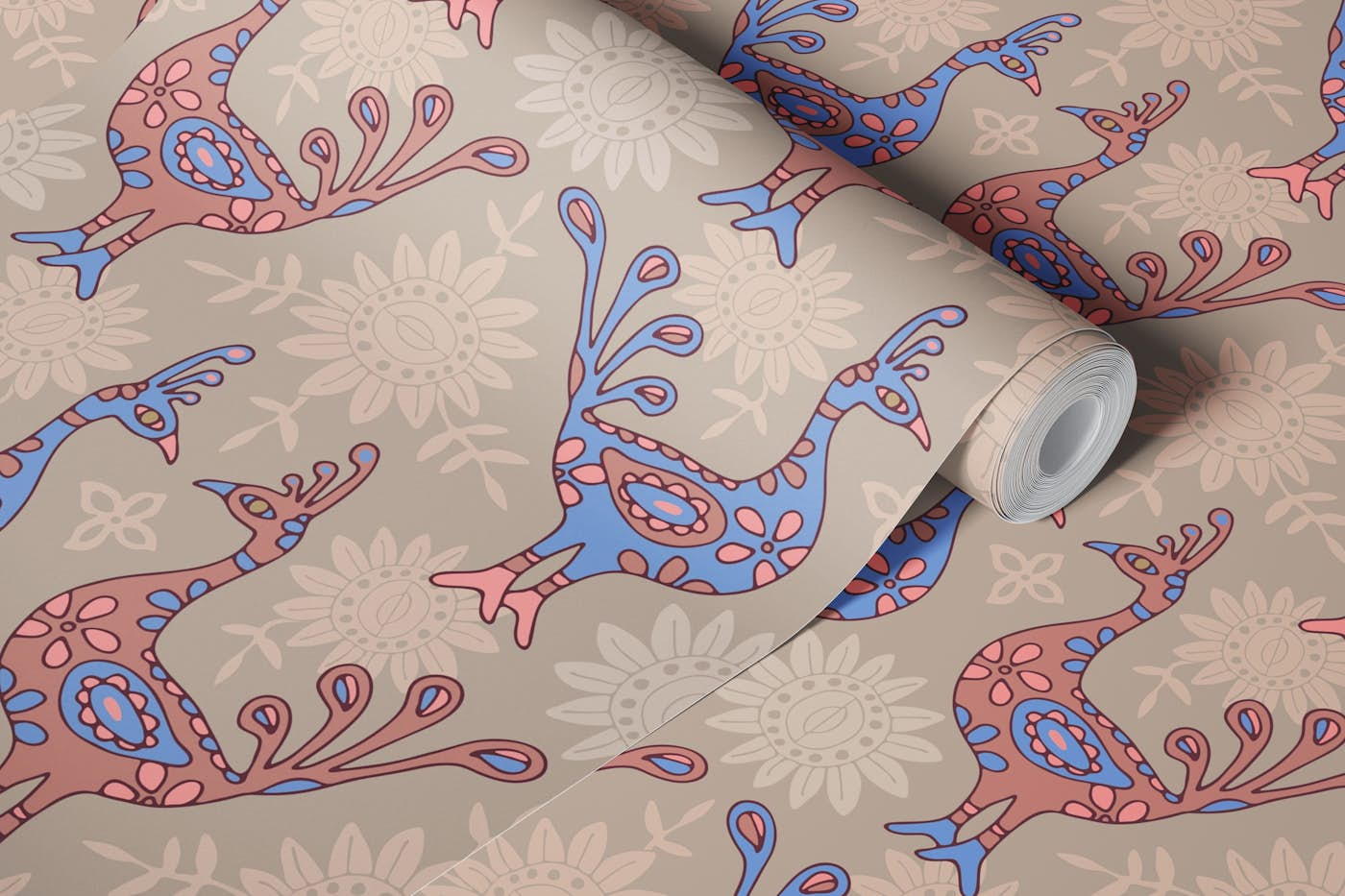 PEACOCK GARDEN Boho Exotic Birds Rust Azure wallpaper roll