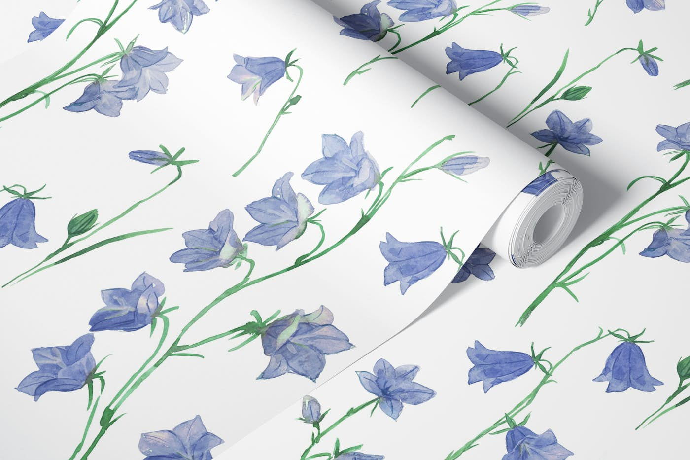 Bluebells on white wallpaper roll