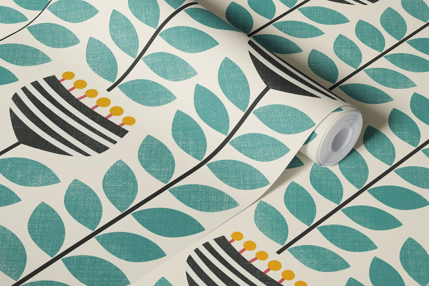 retro vertical flowers - turquoise leaves wallpaper roll