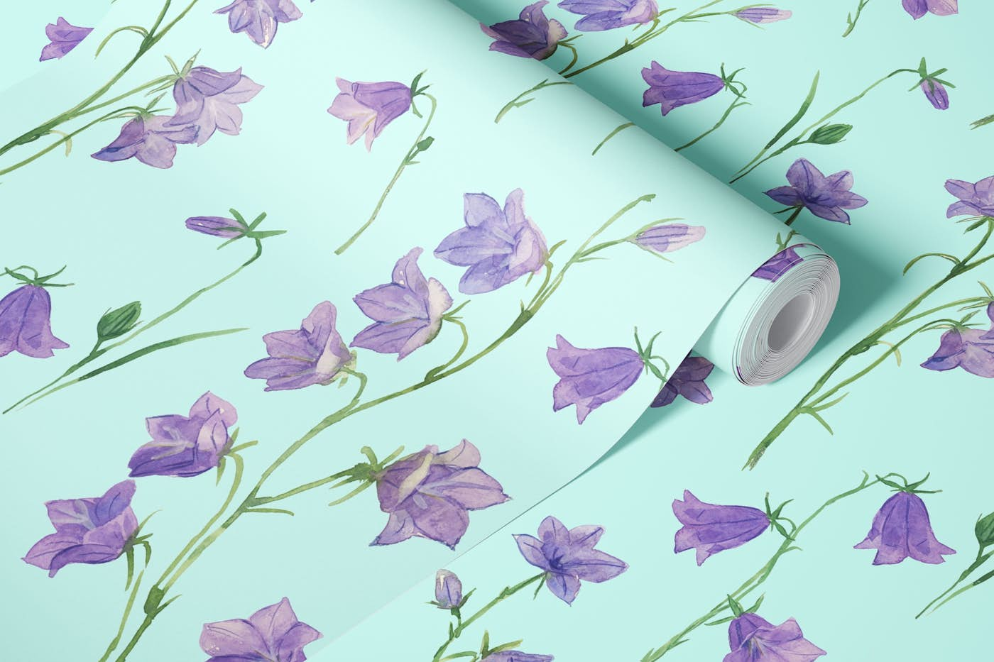 Bluebells on greenish blue wallpaper roll