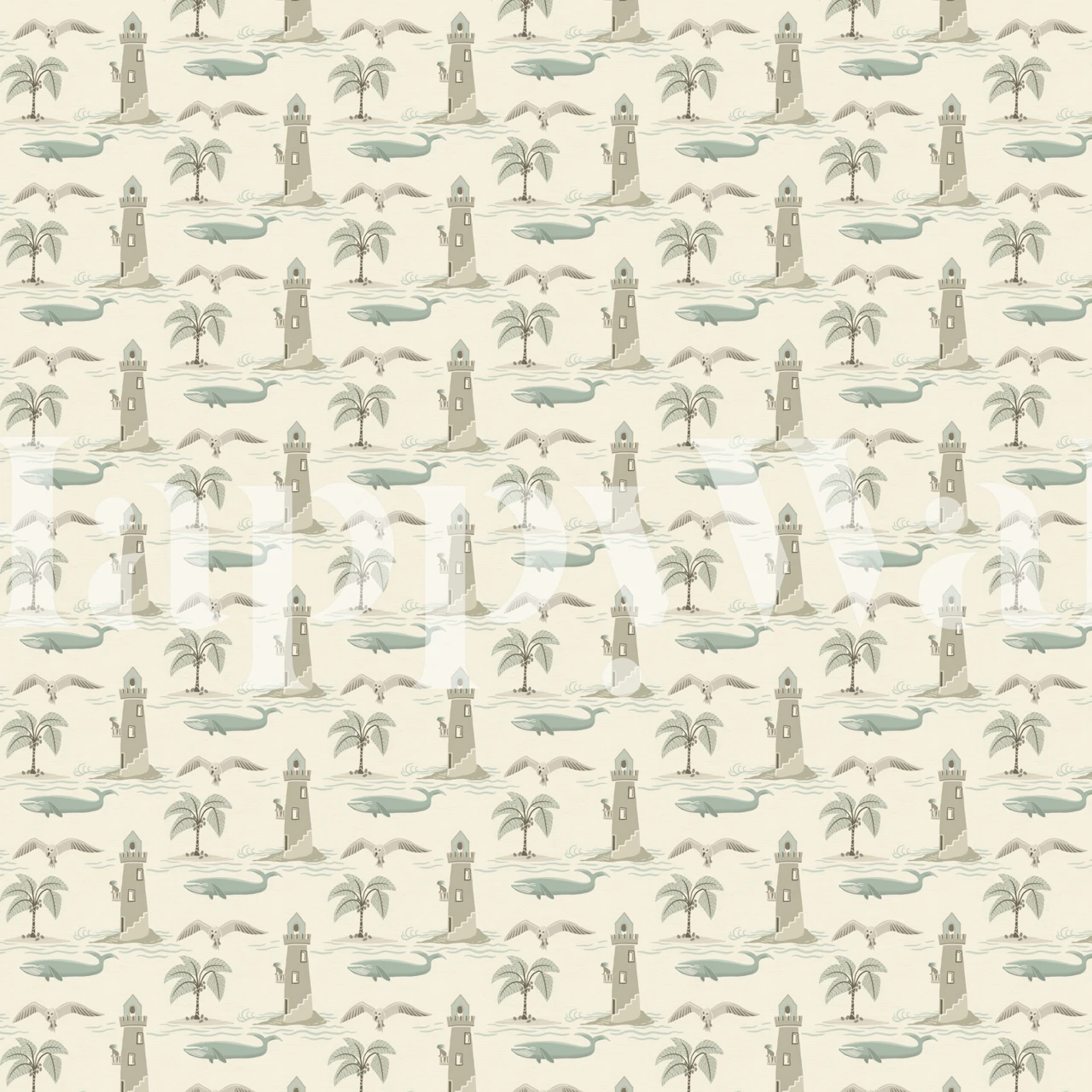 Lighthouses with whales wallpaper in a room