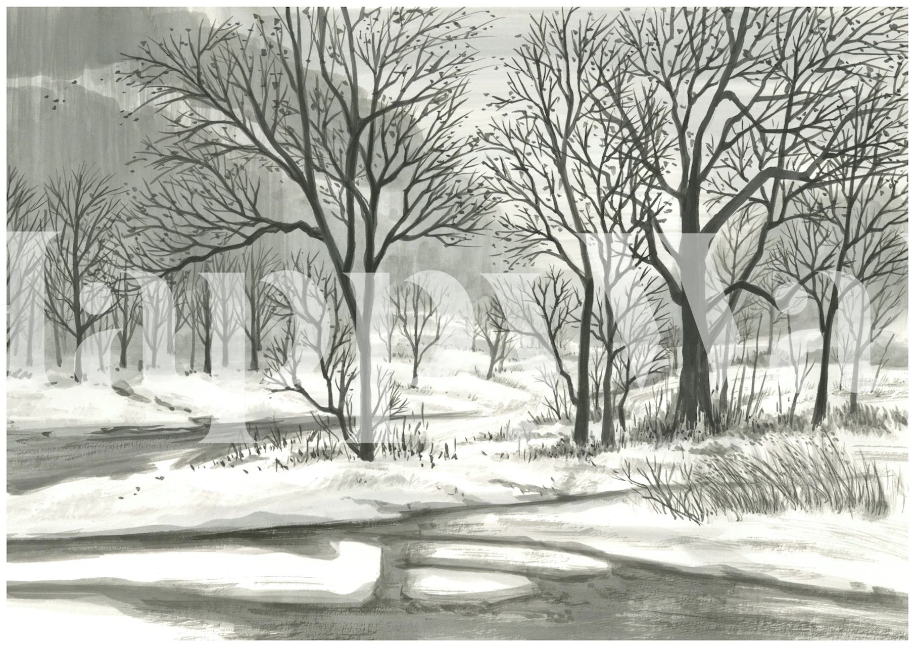 Winter landscape with mountains and bare trees in black and white wallpaper