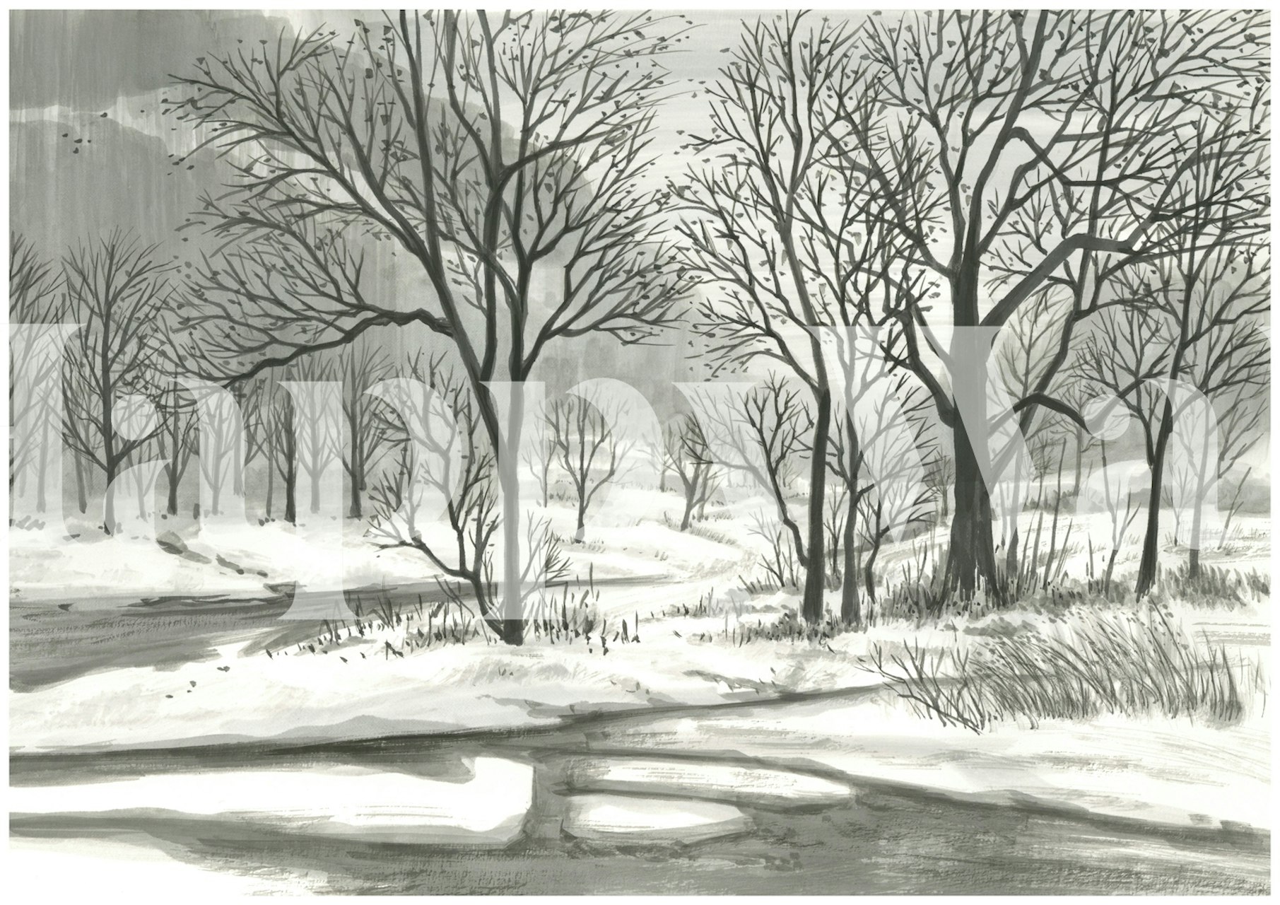 Winter landscape with mountains and bare trees in black and white wallpaper