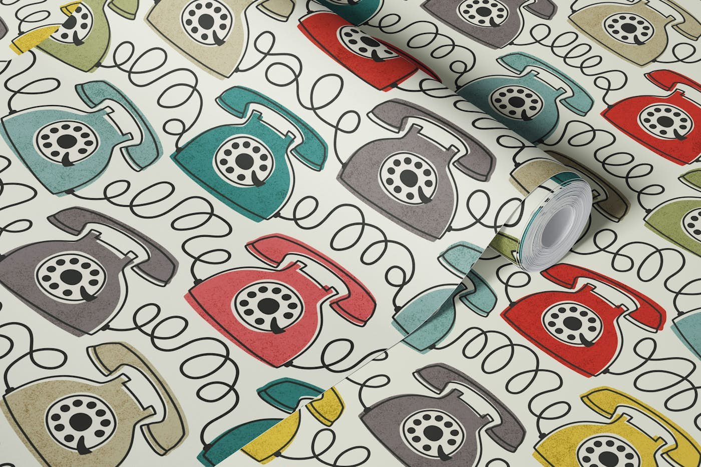 retro phones - colorful wallpaper roll