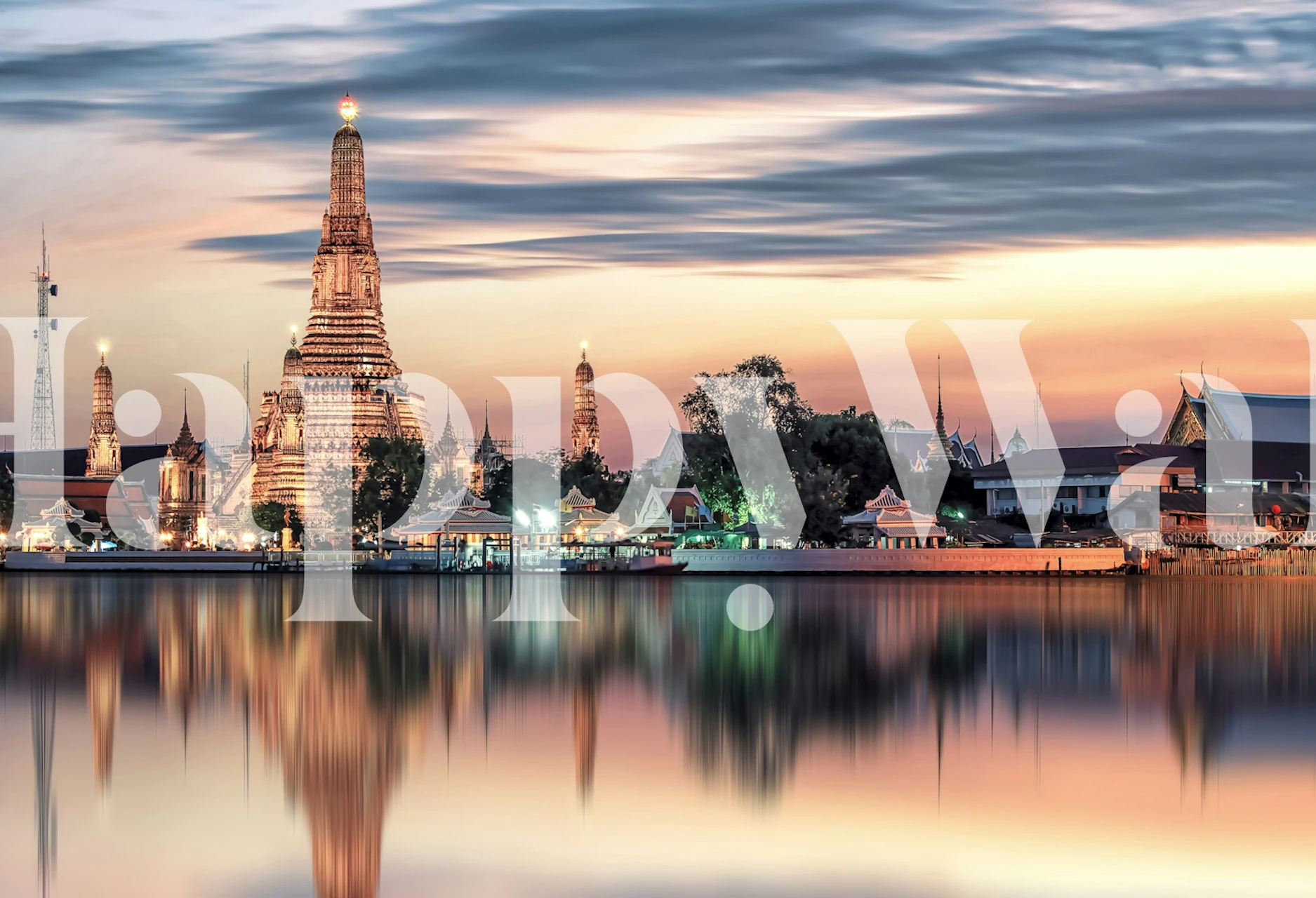 Wat Arun Temple reflection in water at sunset, pastel colors, scenic wallpaper