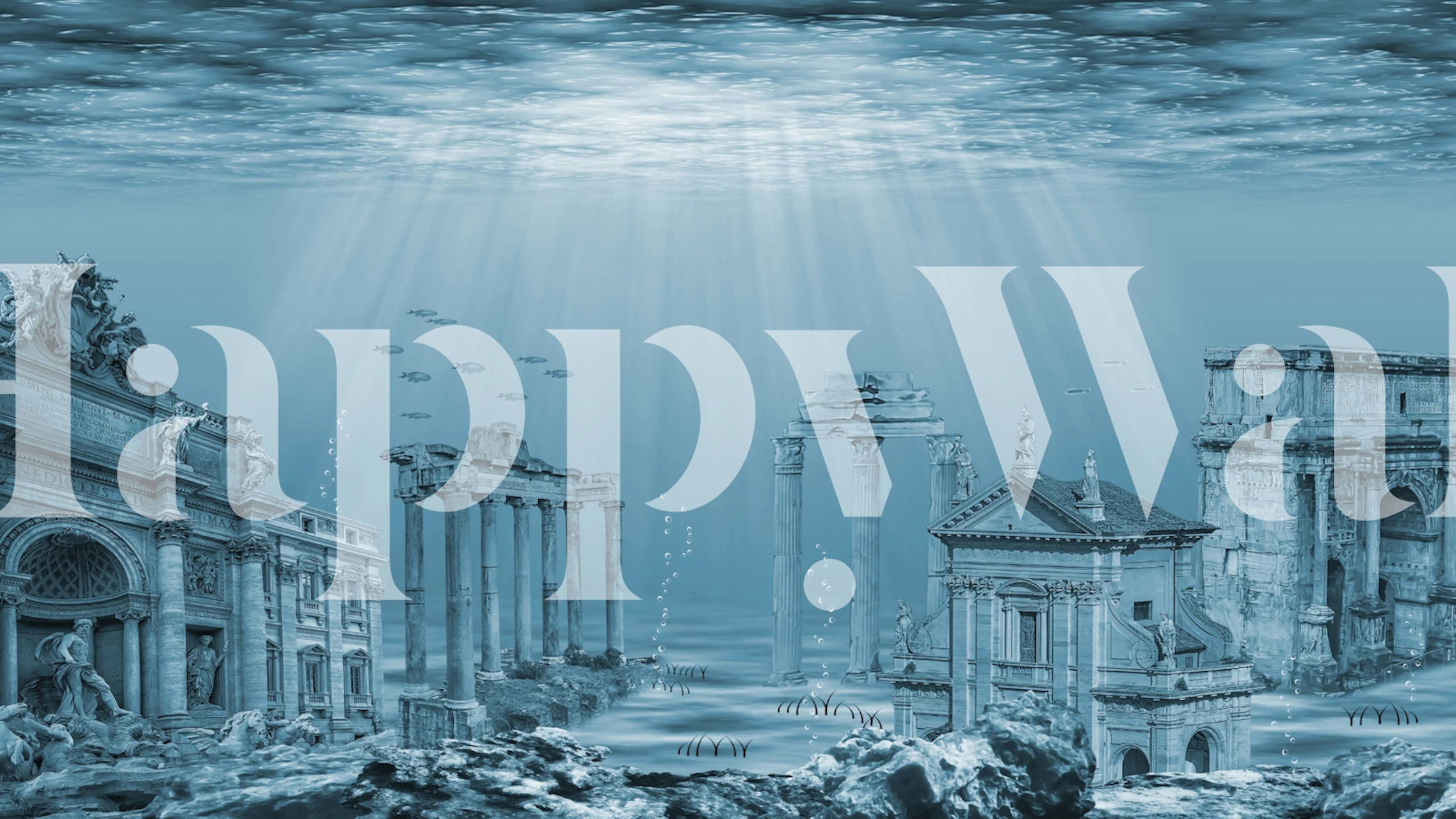 Underwater city with ruins and fish in blue tones wallpaper