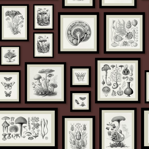 Vintage Framed Mushrooms - Red Madder