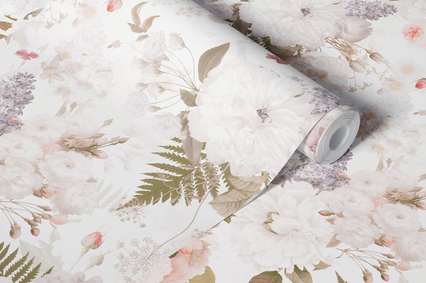 Vintage Peonies Roses And Lilacs Blush Garden wallpaper roll