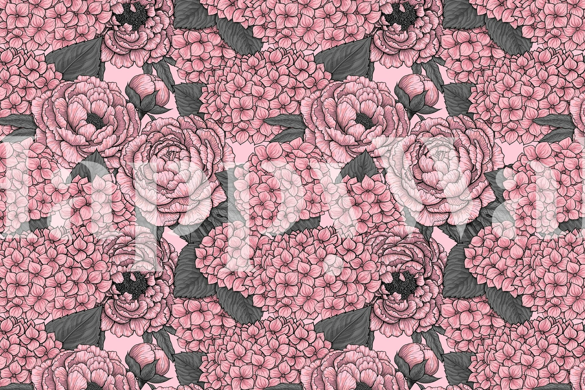 Pink peonies and hydrangeas wall mural on a textured background