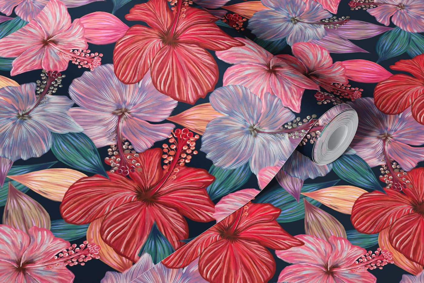 Hand drawn hibiscus pattern wallpaper roll