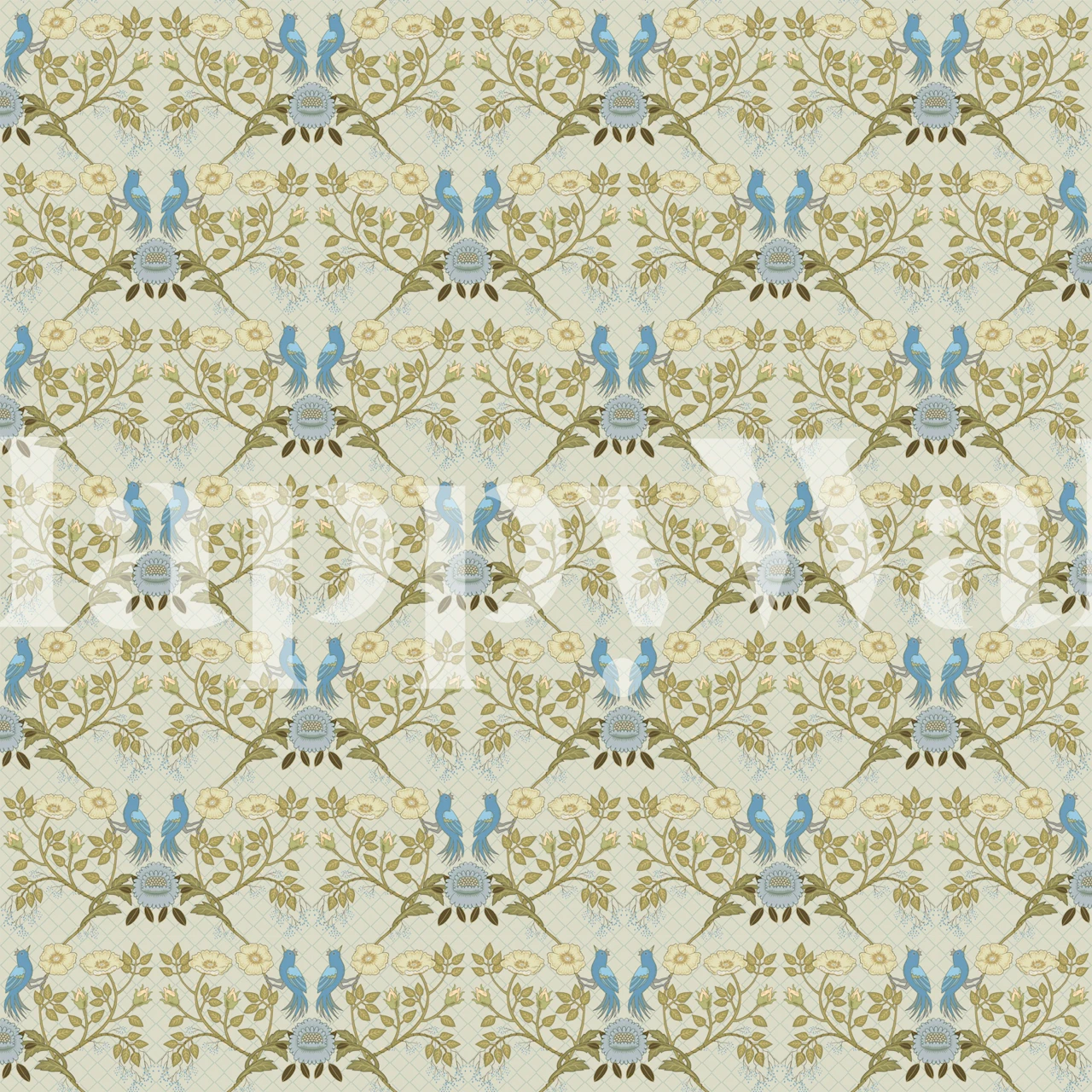 Vögel und Blumen in Blau und Grün auf hellen Hintergrund wallpaper