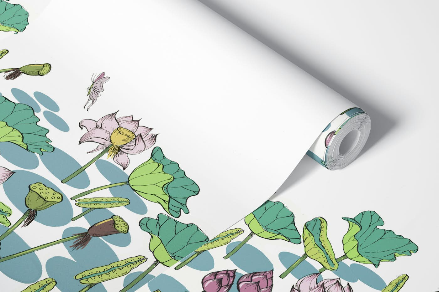 Pink flourishing waterlilies / hand drawn wallpaper roll