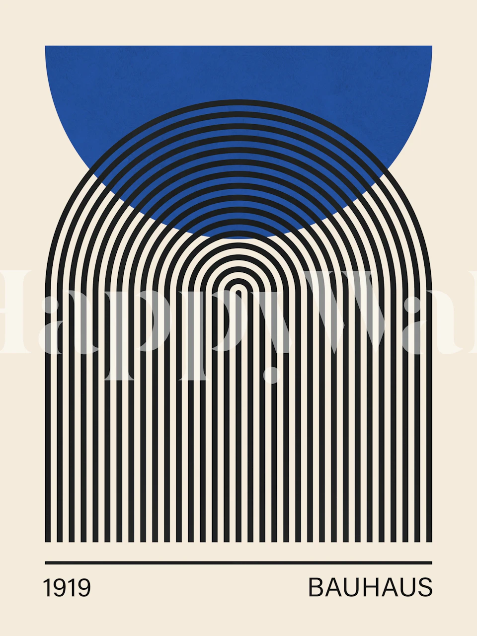 Geometric curved patterns in blue and black Bauhaus wallpaper