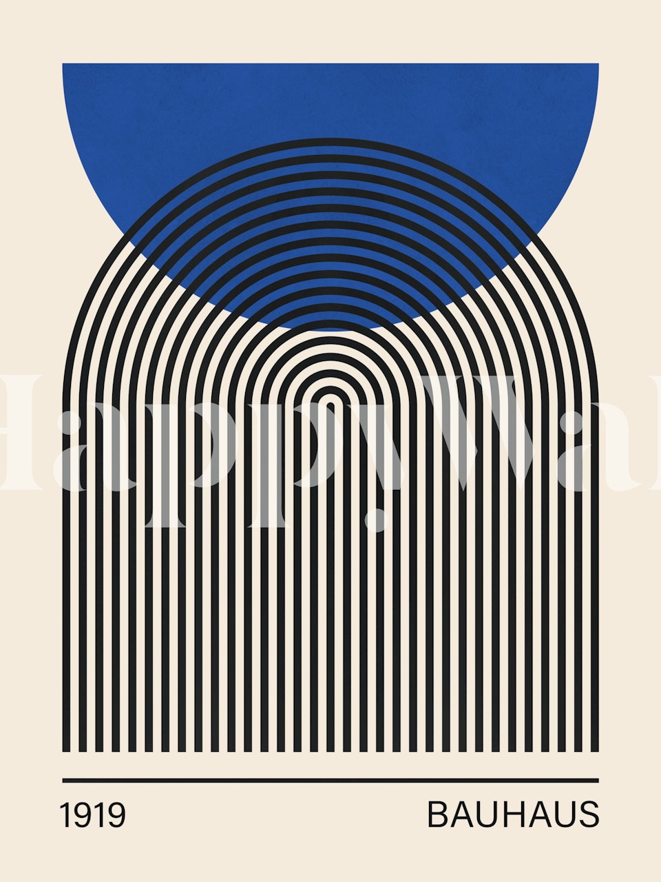 Geometric curved patterns in blue and black Bauhaus wallpaper