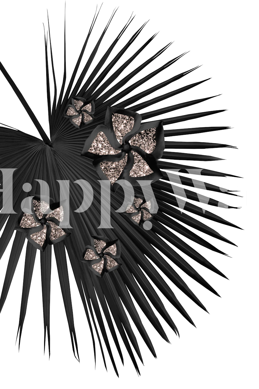 Fan Palm Floral Glitter Glam 1 wall mural with black palm leaves and glittering butterflies