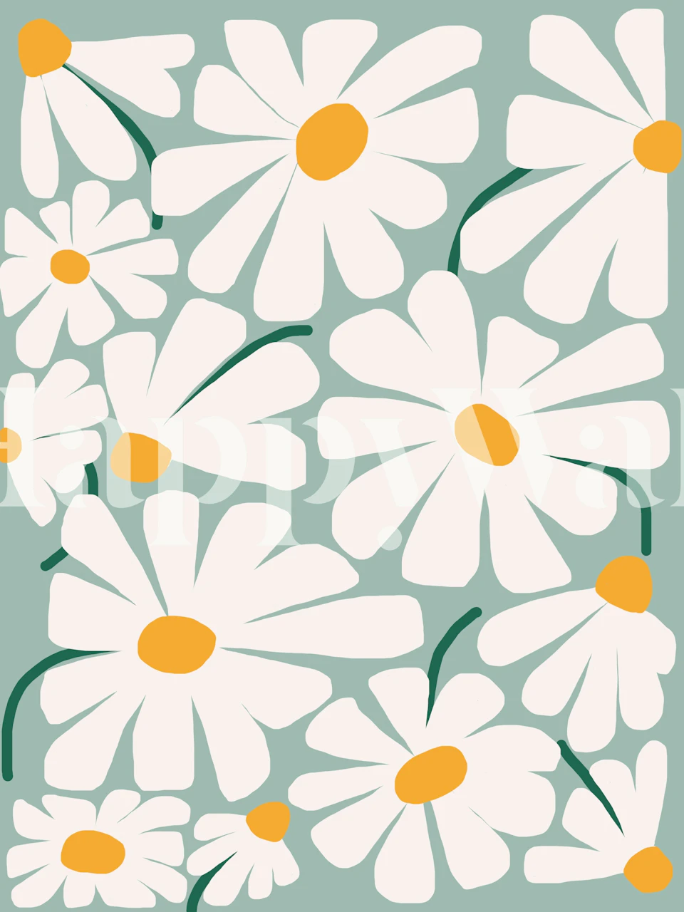 White daisies with yellow centers on soft blue wallpaper