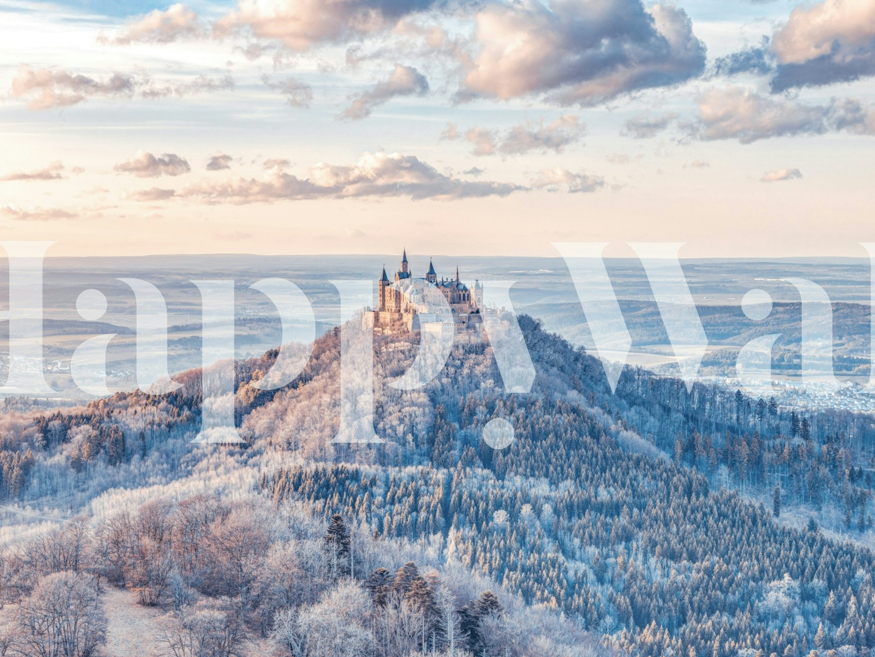 Snowy mountain with a castle at sunset, pastel colors wallpaper