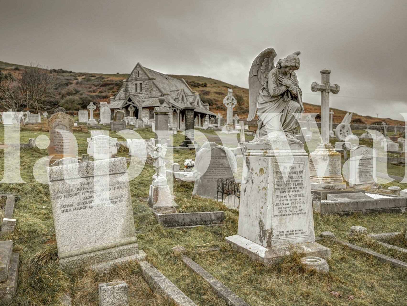 Cemetery wallpaper design featuring an angel statue