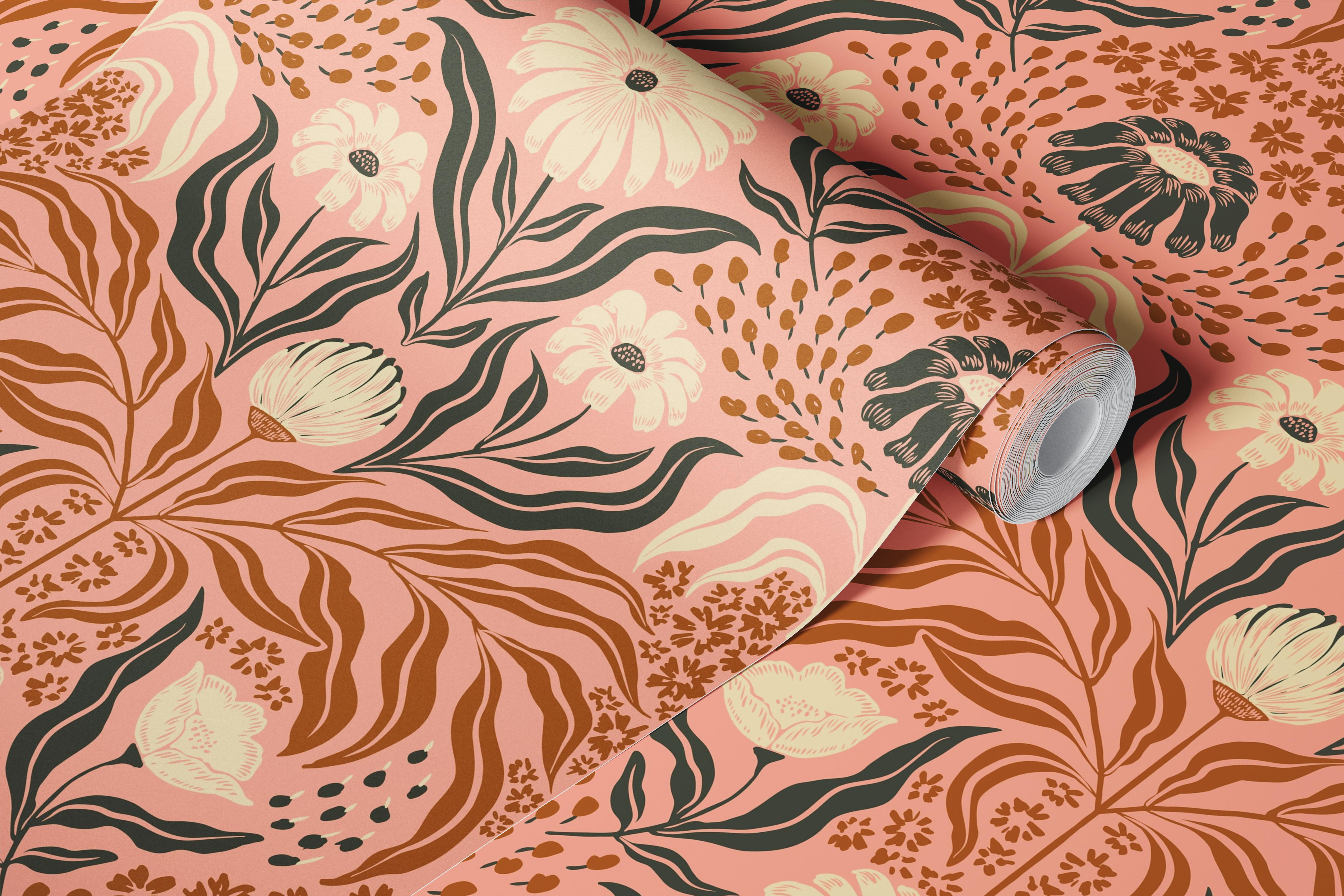 Floral motifs with pink background and earthy tones wallpaper