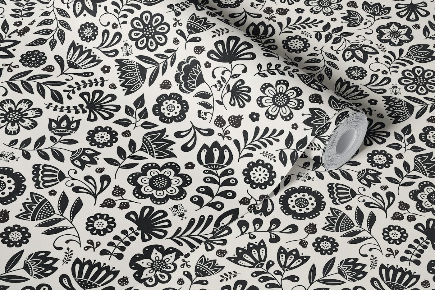 folk flowers - black and white wallpaper roll