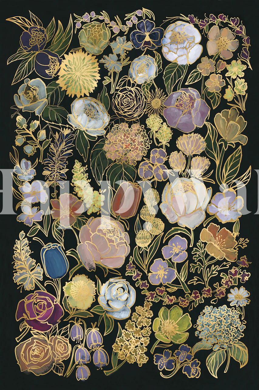 Ragni Moody Flowers fotobehang met een verscheidenheid aan bloemen op een donkere achtergrond