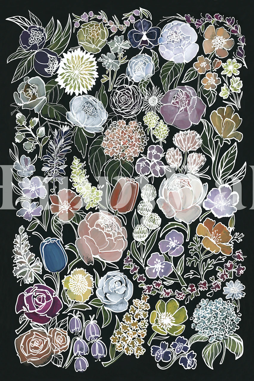 Ragni moody flowers in white wallpaper displayed in a room