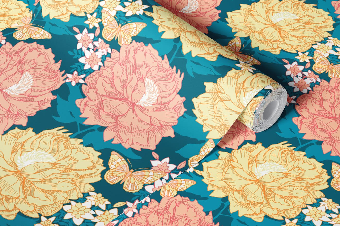 lush peony flowers on dark green wallpaper roll